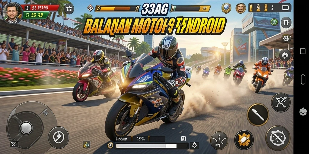 Tangkapan layar utama menunjukkan aksi balapan motor yang seru.