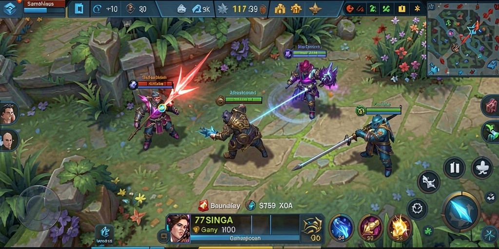Screenshot menampilkan aksi seru dalam gameplay MOBA 77SINGA.