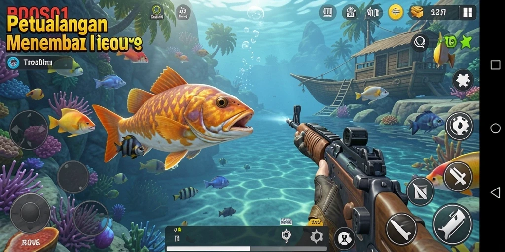 Menampilkan gameplay seru menembak ikan di lautan biru.