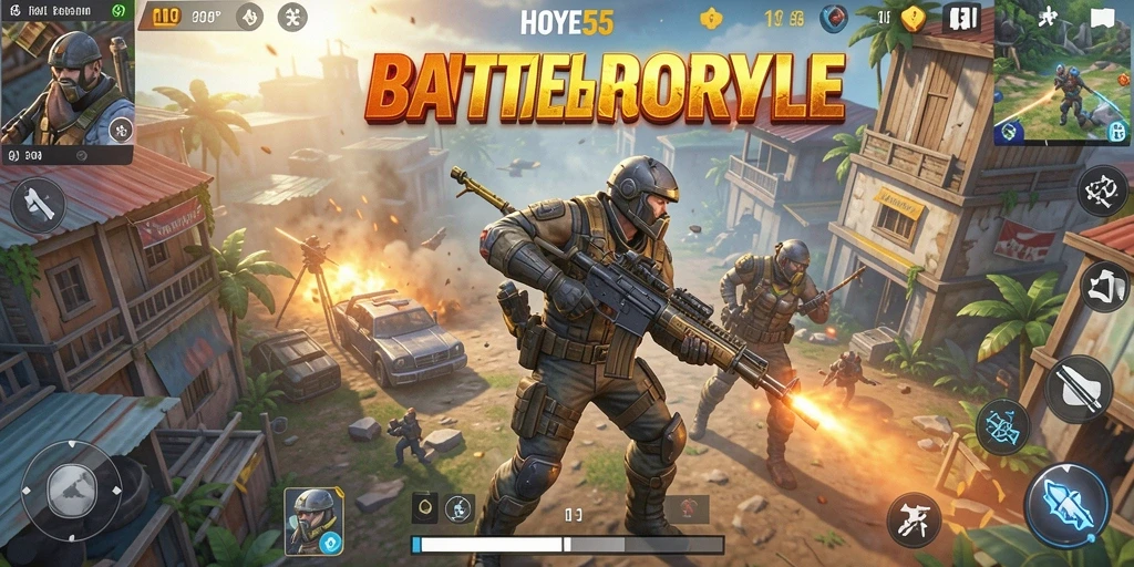 Screenshot gameplay intens dari HOYE55 dengan berbagai aksi battle royale.