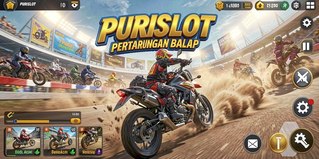 Screenshot gameplay PURISLOT dengan aksi balap yang mendebarkan.