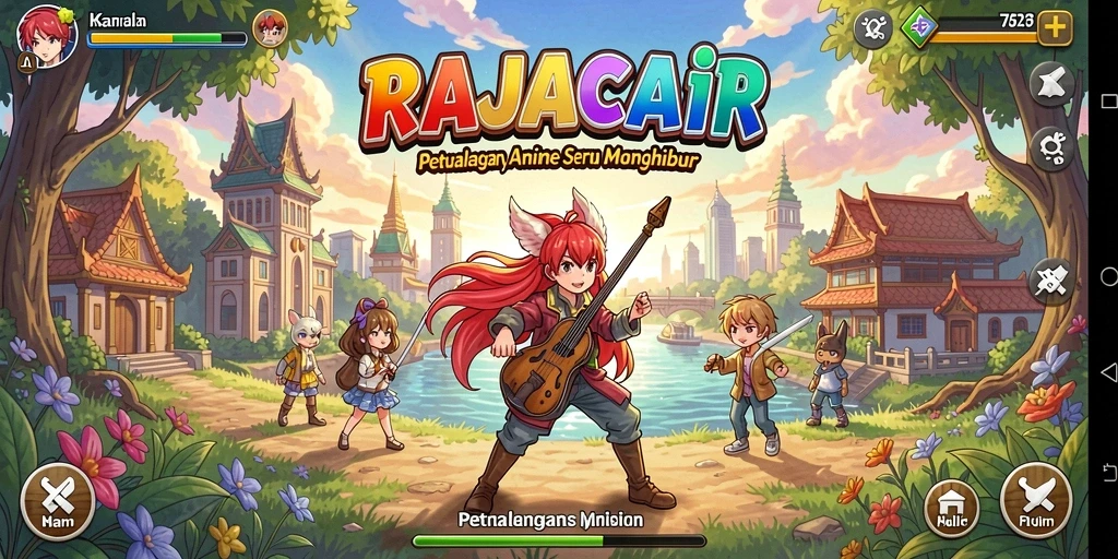 Tangkapan layar utama RAJACAIR menampilkan karakter anime yang sedang bertarung.
